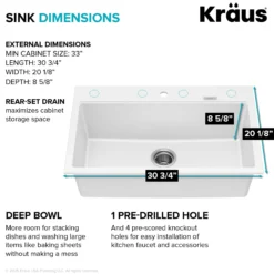 31” Granite Drop In / Undermount Single Bowl White Kitchen Sink
