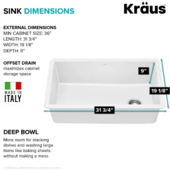 32” Granite Undermount Single Bowl White Kitchen Sink