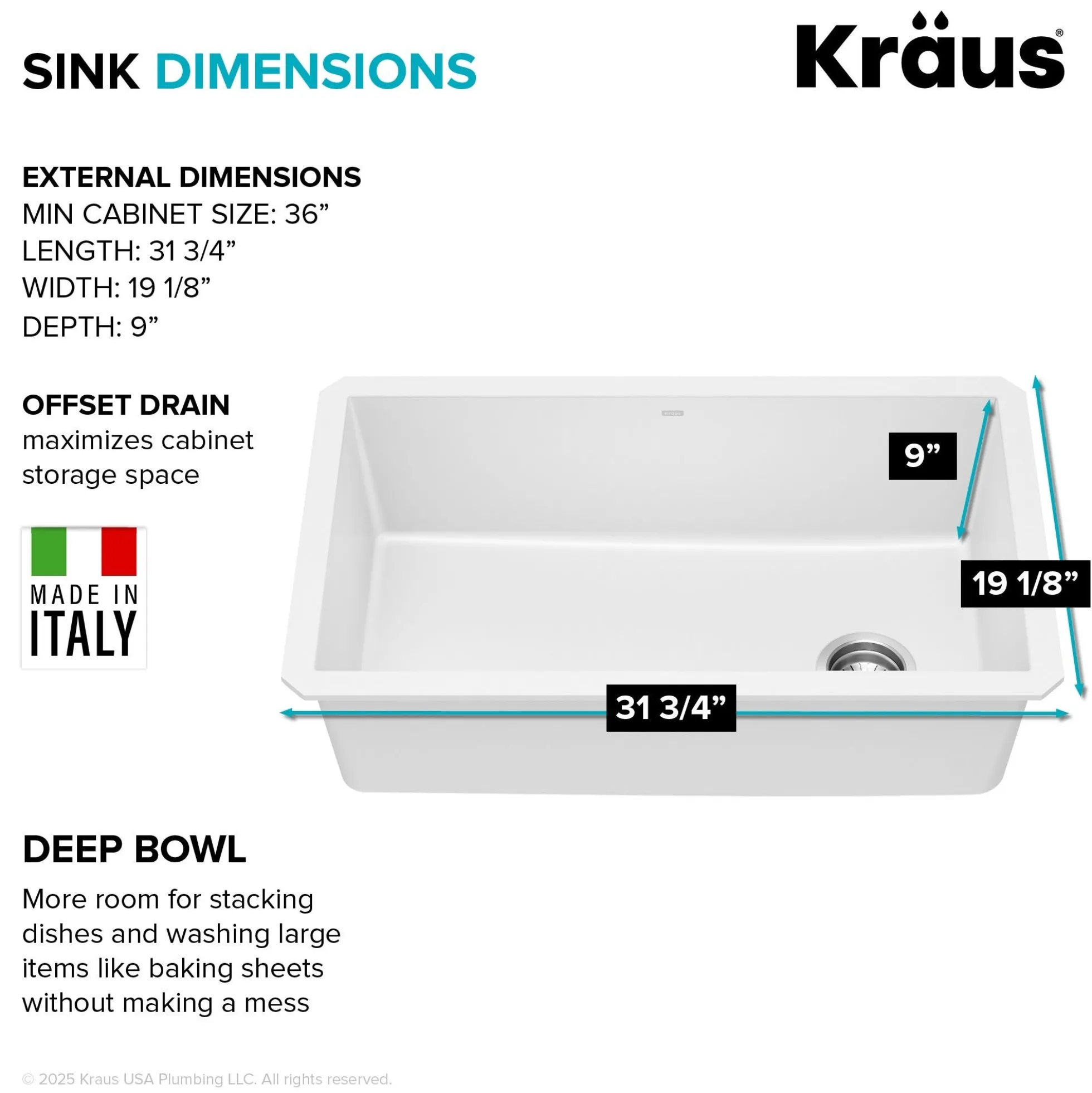 32” Granite Undermount Single Bowl White Kitchen Sink