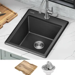18” Granite Workstation Drop In Top Mount Single Bowl Kitchen Sink in Metallic Black with Accessories