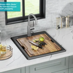 18” Granite Workstation Drop In Top Mount Single Bowl Kitchen Sink in Metallic Black with Accessories