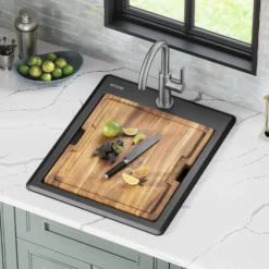 18” Granite Workstation Drop In Top Mount Single Bowl Kitchen Sink in Metallic Black with Accessories