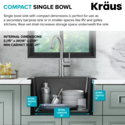 18” Granite Workstation Drop In Top Mount Single Bowl Kitchen Sink in Metallic Black with Accessories