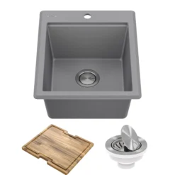 18” Granite Workstation Drop In Top Mount Single Bowl Kitchen Bar Sink in Metallic Grey with Accessories