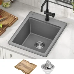 18” Granite Workstation Drop In Top Mount Single Bowl Kitchen Bar Sink in Metallic Grey with Accessories