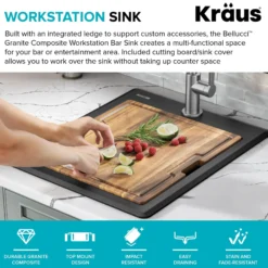 18” Granite Workstation Drop In Top Mount Single Bowl Kitchen Bar Sink in Metallic Grey with Accessories