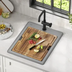18” Granite Workstation Drop In Top Mount Single Bowl Kitchen Bar Sink in Metallic Grey with Accessories