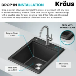 18” Granite Workstation Drop In Top Mount Single Bowl Kitchen Bar Sink in Metallic Grey with Accessories