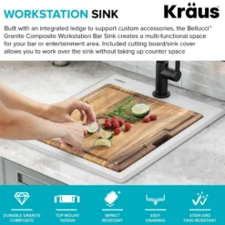18” Granite Workstation Drop In Top Mount Single Bowl Kitchen Bar Sink in White with Accessories
