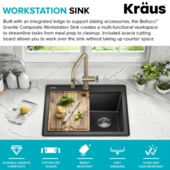 25” Granite Workstation Drop In Top Mount Single Bowl Kitchen Sink in Metallic Black with Accessories