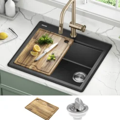 25” Granite Workstation Drop In Top Mount Single Bowl Kitchen Sink in Metallic Black with Accessories