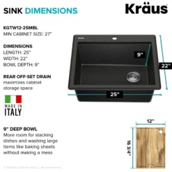 25” Granite Workstation Drop In Top Mount Single Bowl Kitchen Sink in Metallic Black with Accessories