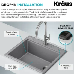 25” Granite Workstation Drop In Top Mount Single Bowl Kitchen Sink in Metallic Grey with Accessories