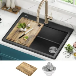 28” Granite Workstation Drop In Top Mount Single Bowl Kitchen Sink in Metallic Black with Accessories