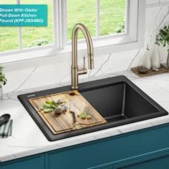 28” Granite Workstation Drop In Top Mount Single Bowl Kitchen Sink in Metallic Black with Accessories