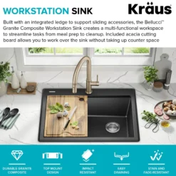 28” Granite Workstation Drop In Top Mount Single Bowl Kitchen Sink in Metallic Black with Accessories