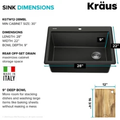 28” Granite Workstation Drop In Top Mount Single Bowl Kitchen Sink in Metallic Black with Accessories