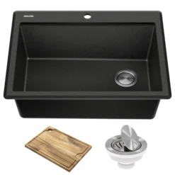 28” Granite Workstation Drop In Top Mount Single Bowl Kitchen Sink in Metallic Black with Accessories