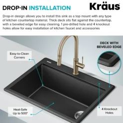 28” Granite Workstation Drop In Top Mount Single Bowl Kitchen Sink in Metallic Black with Accessories