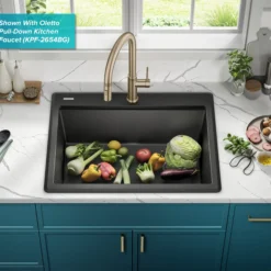 28” Granite Workstation Drop In Top Mount Single Bowl Kitchen Sink in Metallic Black with Accessories