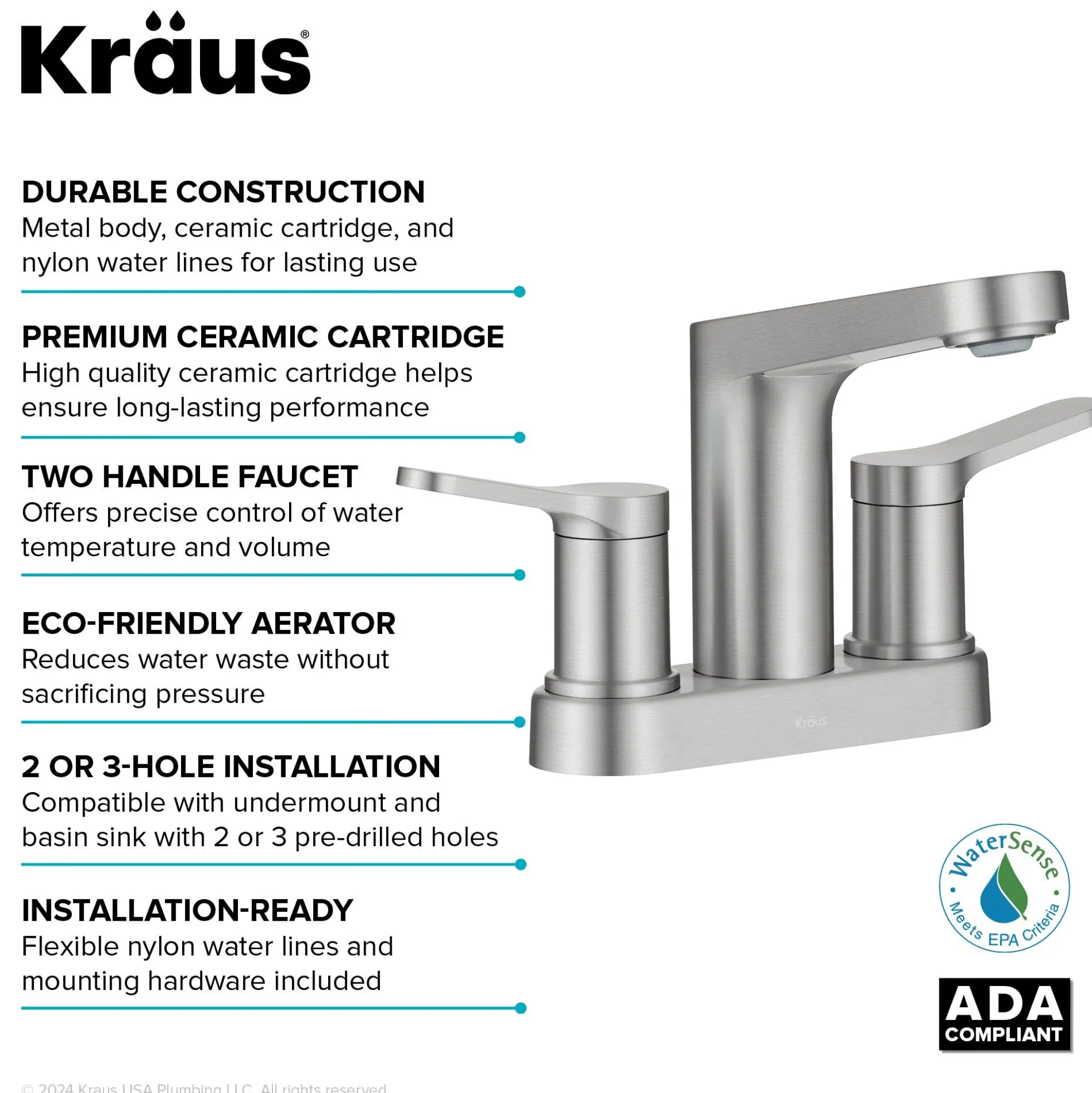 2-Handle 4-inch Centerset Bathroom Faucet in Spot-Free Brushed Nickelwith Pop Up Drain and Supply Lines