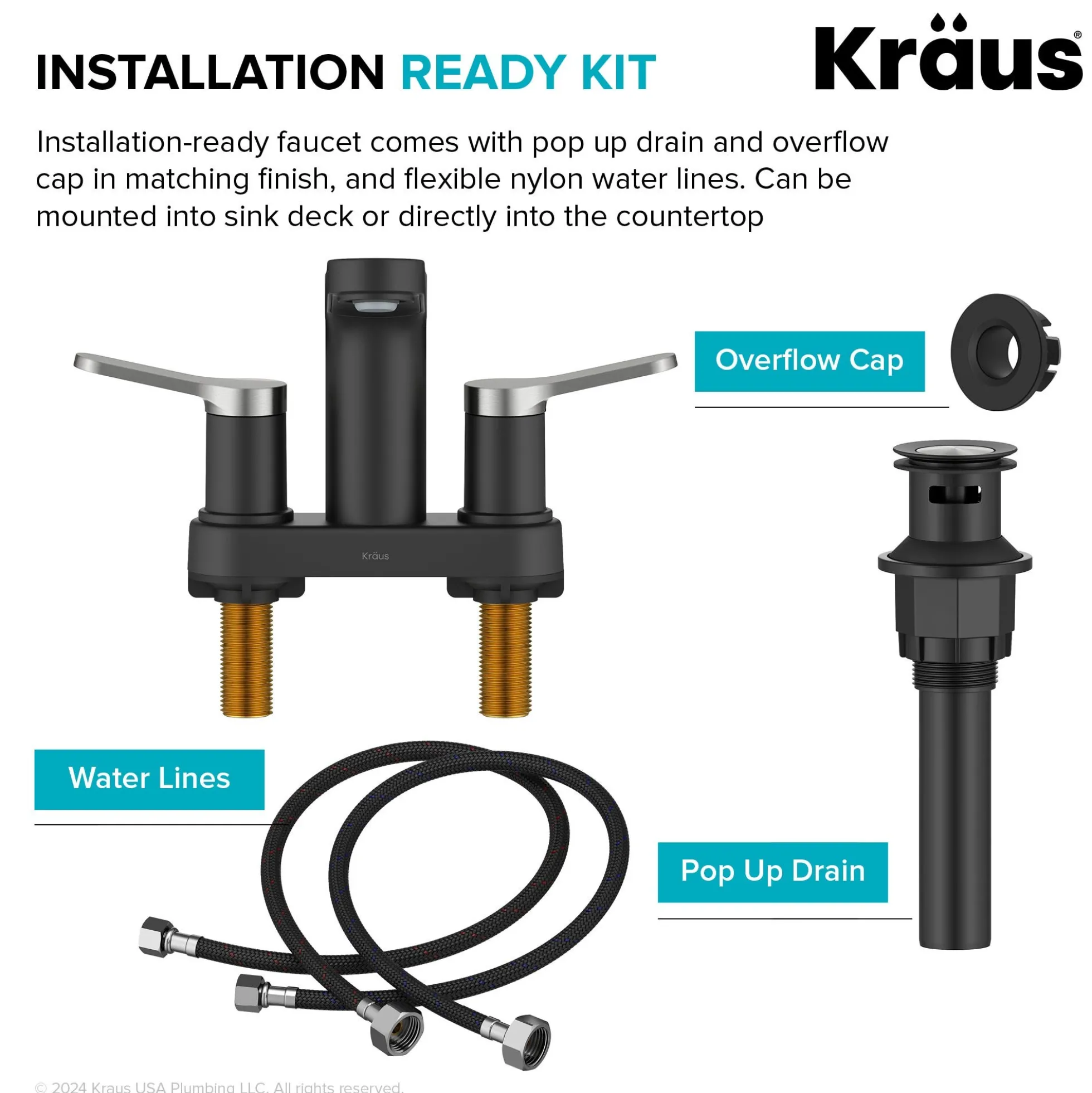 2-Handle 4-inch Centerset Bathroom Faucet in Spot-Free Brushed Nickel/ Matte Black with Pop Up Drain and Supply Lines