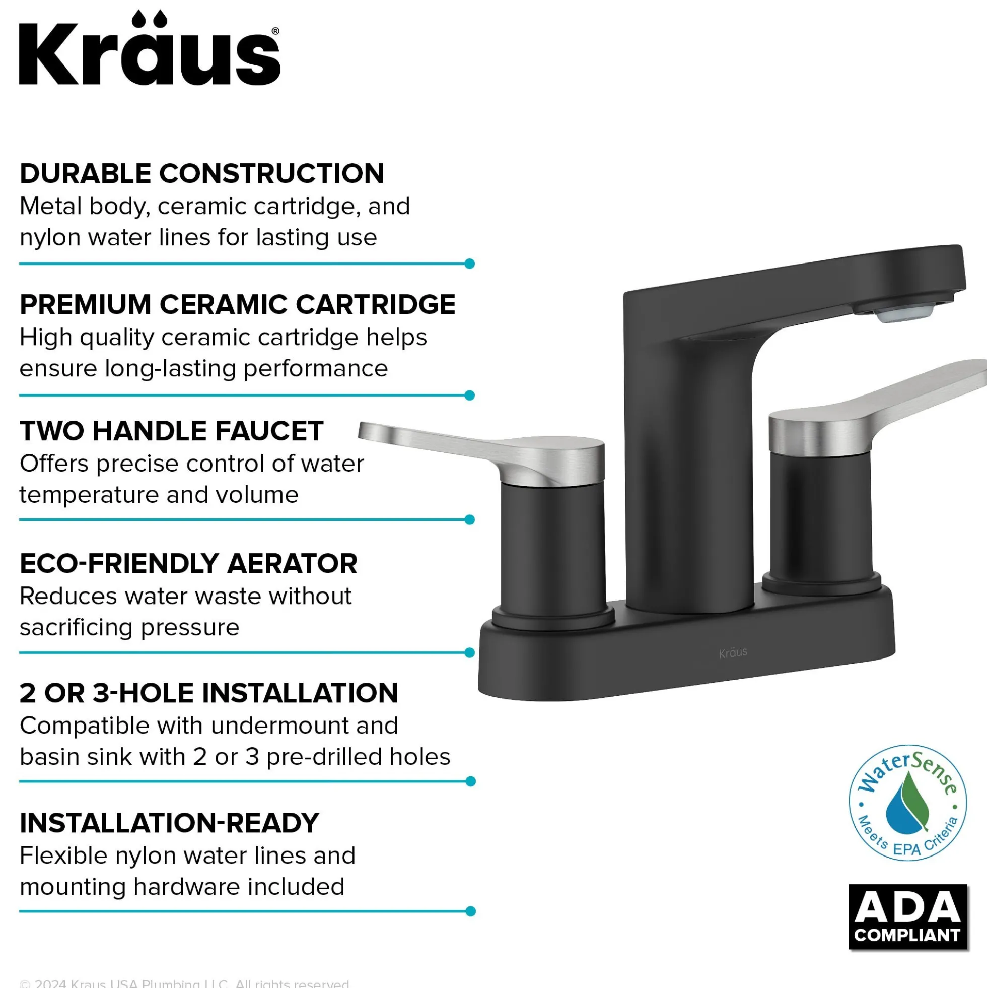 2-Handle 4-inch Centerset Bathroom Faucet in Spot-Free Brushed Nickel/ Matte Black with Pop Up Drain and Supply Lines
