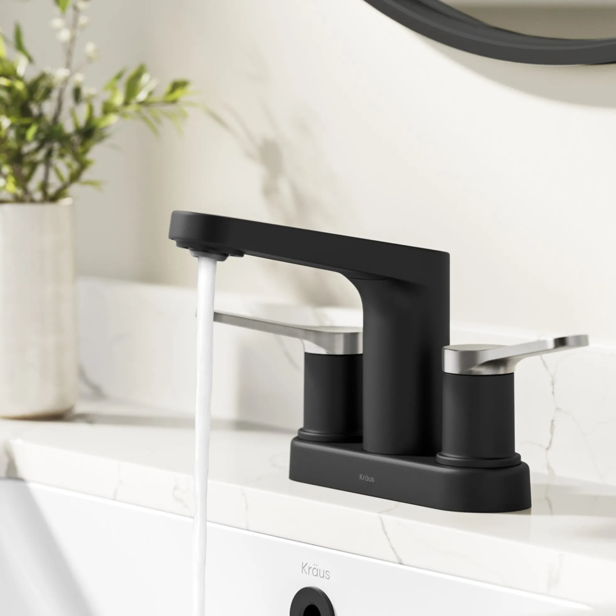 2-Handle 4-inch Centerset Bathroom Faucet in Spot-Free Brushed Nickel/ Matte Black with Pop Up Drain and Supply Lines