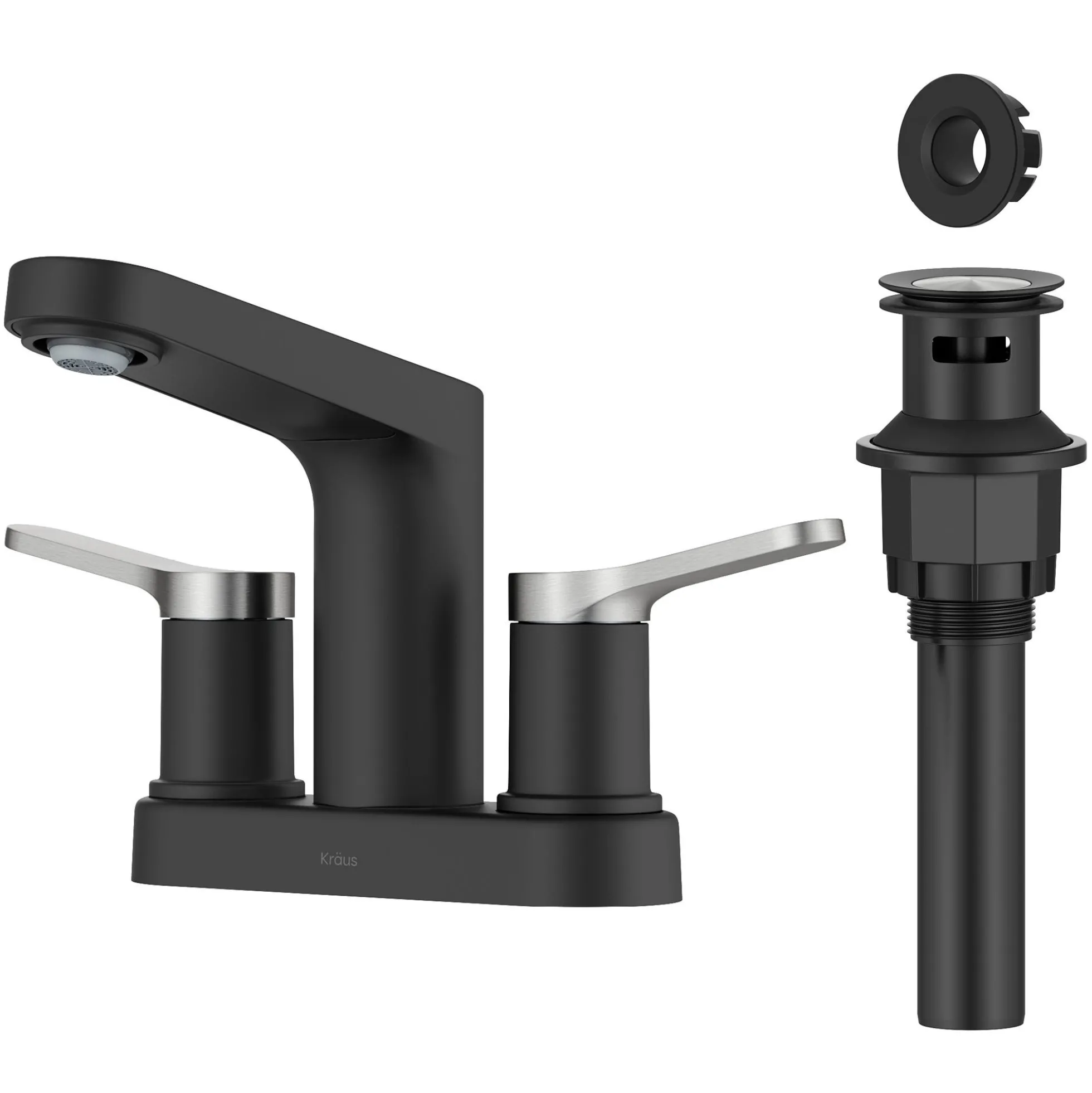 2-Handle 4-inch Centerset Bathroom Faucet in Spot-Free Brushed Nickel/ Matte Black with Pop Up Drain and Supply Lines