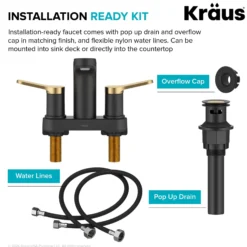 2-Handle 4-inch Centerset Bathroom Faucet in Spot-Free Brushed Brass / Matte Black with Pop Up Drain and Supply Lines