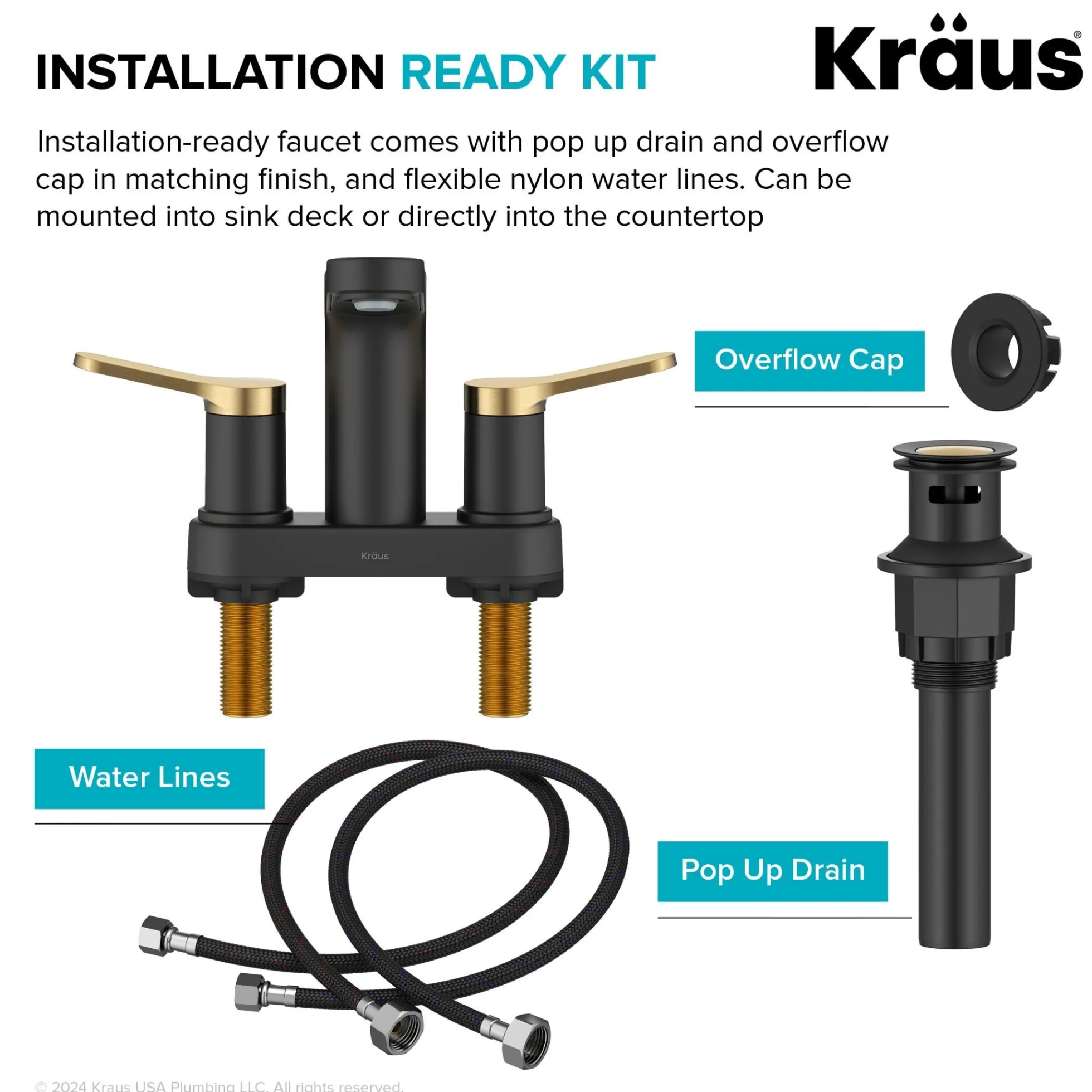 2-Handle 4-inch Centerset Bathroom Faucet in Spot-Free Brushed Brass / Matte Black with Pop Up Drain and Supply Lines