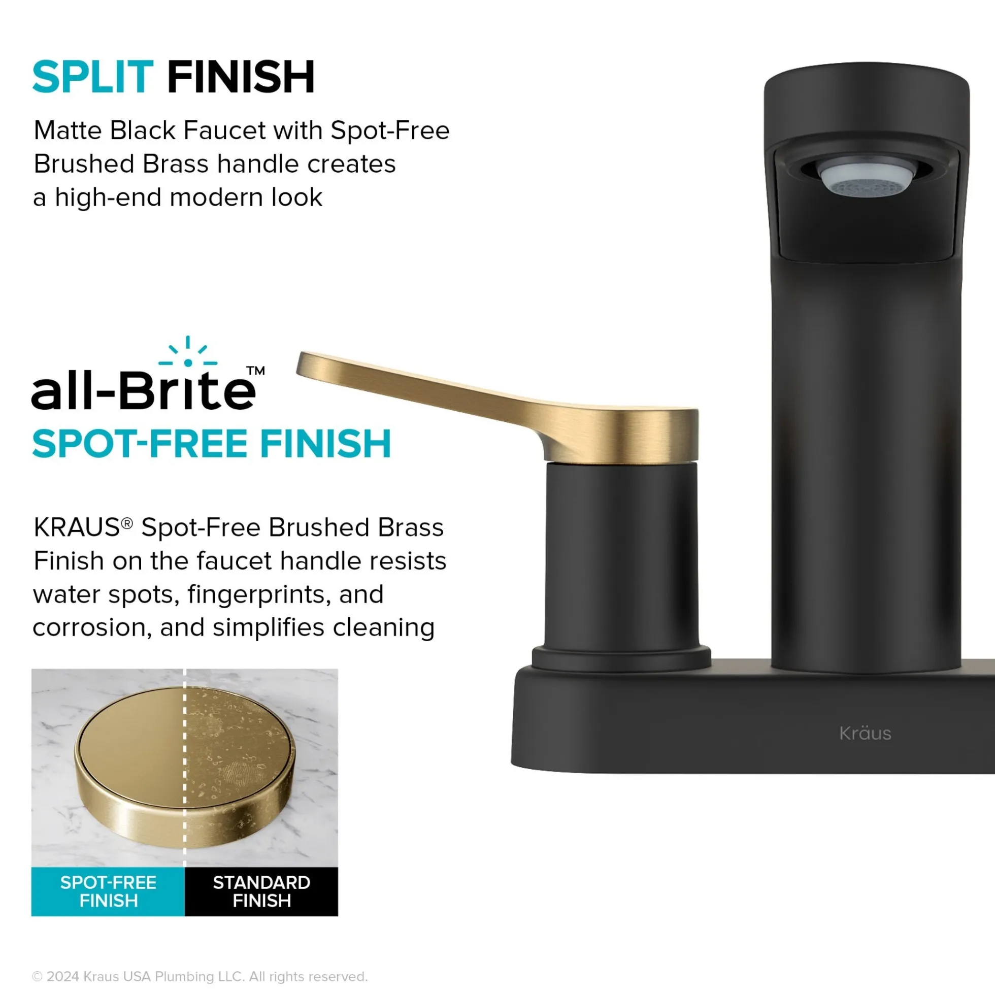 2-Handle 4-inch Centerset Bathroom Faucet in Spot-Free Brushed Brass / Matte Black with Pop Up Drain and Supply Lines