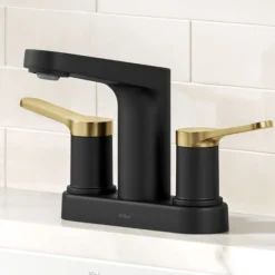 2-Handle 4-inch Centerset Bathroom Faucet in Spot-Free Brushed Brass / Matte Black with Pop Up Drain and Supply Lines