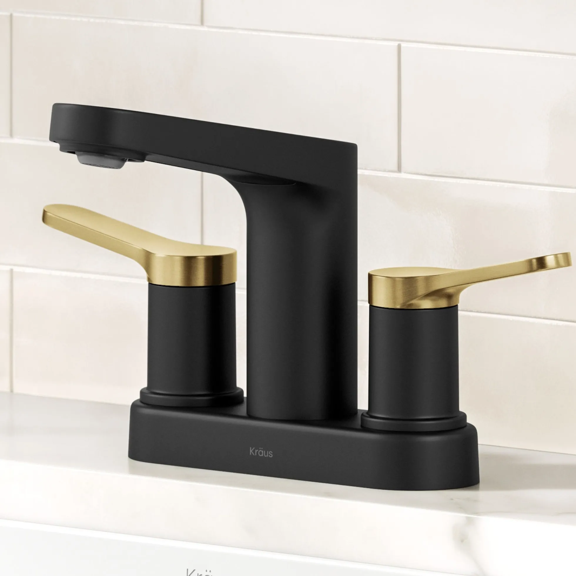 2-Handle 4-inch Centerset Bathroom Faucet in Spot-Free Brushed Brass / Matte Black with Pop Up Drain and Supply Lines