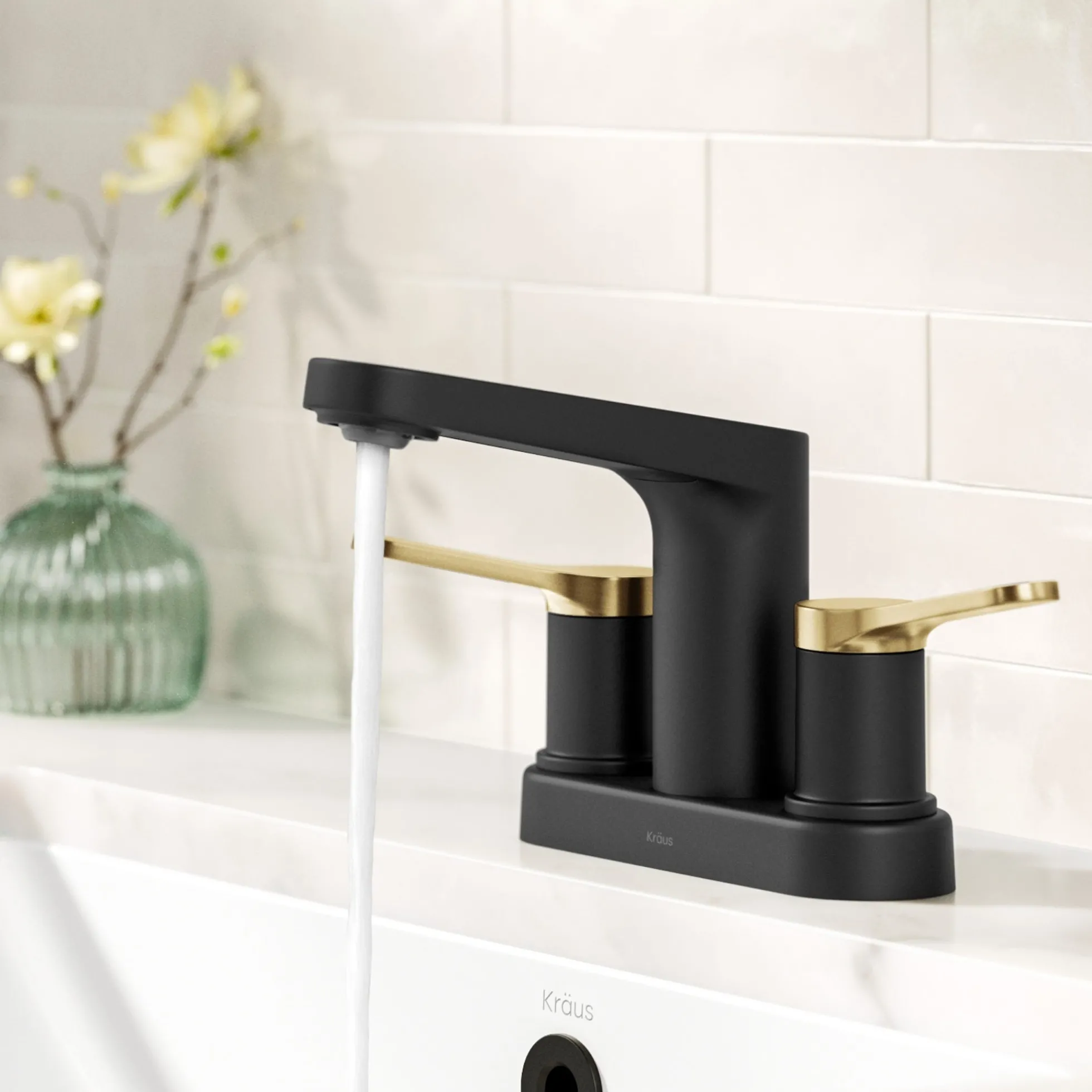 2-Handle 4-inch Centerset Bathroom Faucet in Spot-Free Brushed Brass / Matte Black with Pop Up Drain and Supply Lines