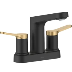 2-Handle 4-inch Centerset Bathroom Faucet in Spot-Free Brushed Brass / Matte Black with Pop Up Drain and Supply Lines