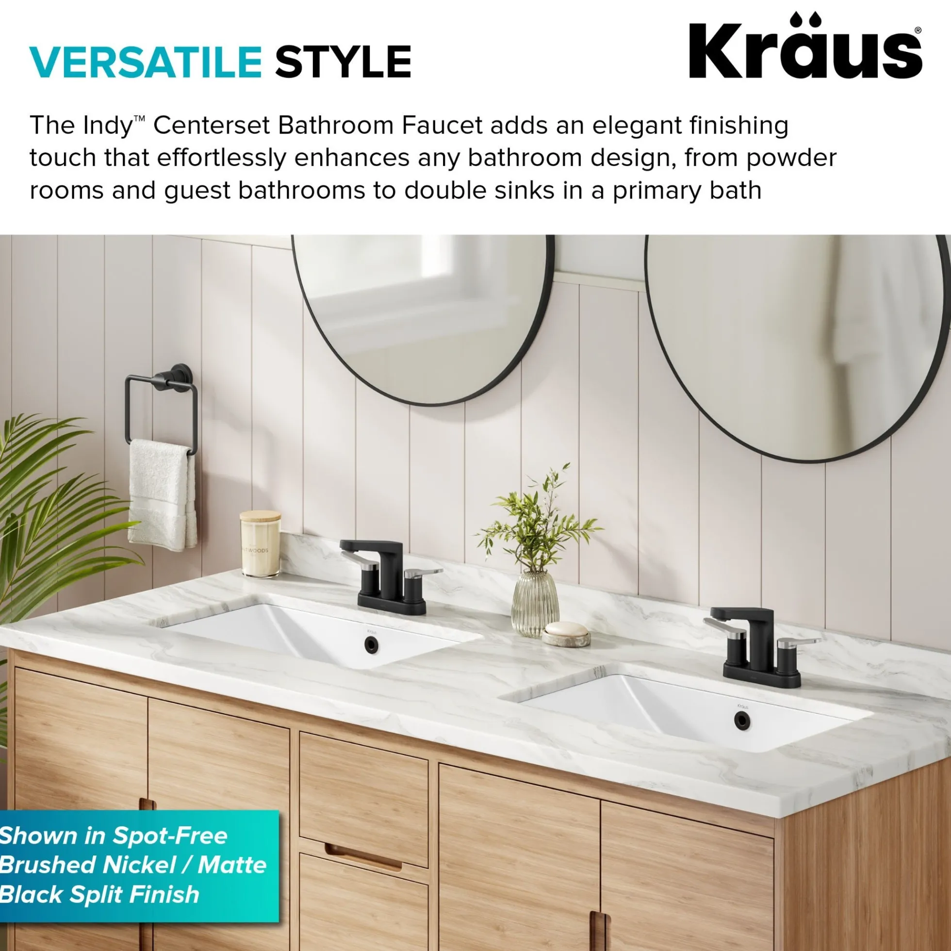 2-Handle 4-inch Centerset Bathroom Faucet in Spot-Free Brushed Brass / Matte Black with Pop Up Drain and Supply Lines