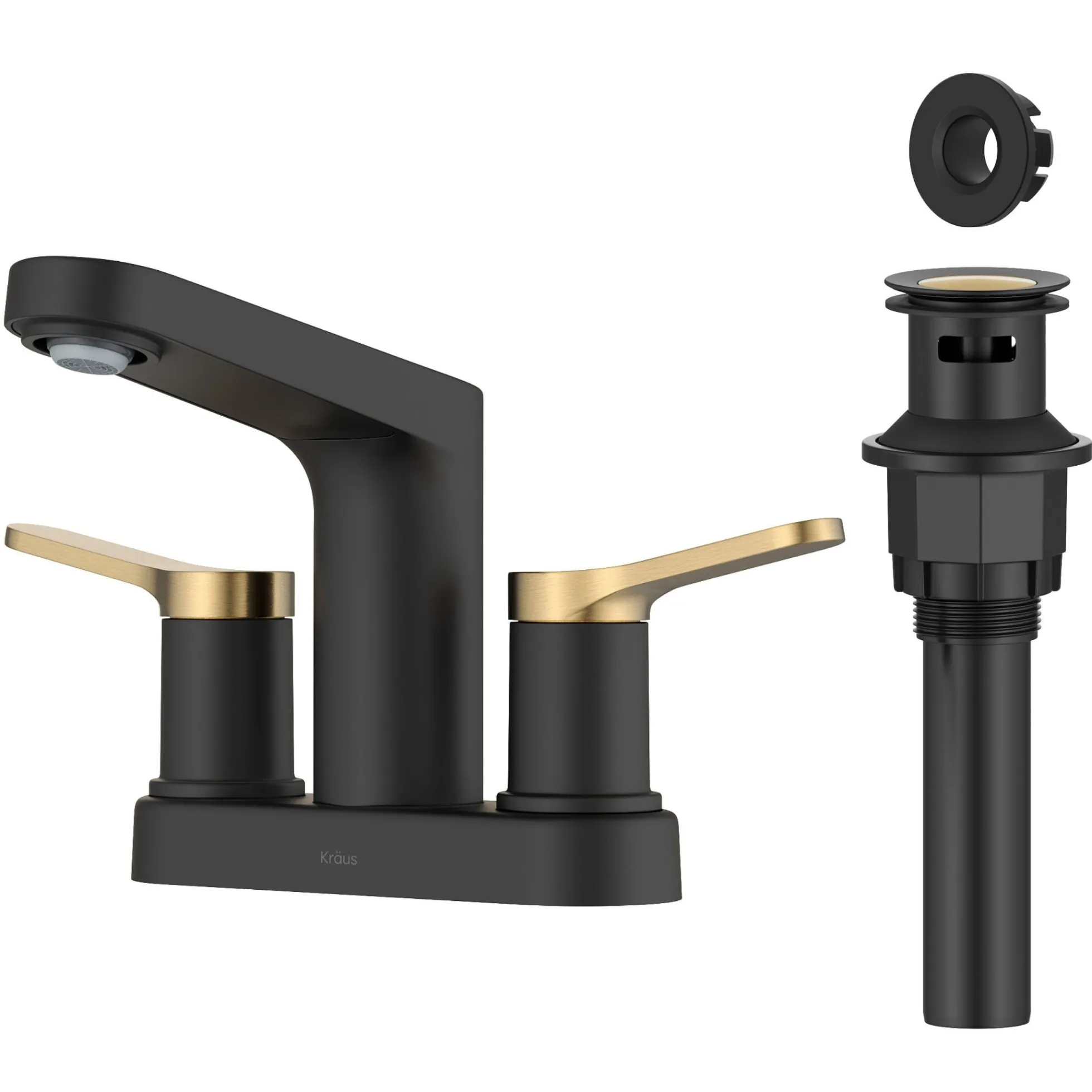 2-Handle 4-inch Centerset Bathroom Faucet in Spot-Free Brushed Brass / Matte Black with Pop Up Drain and Supply Lines
