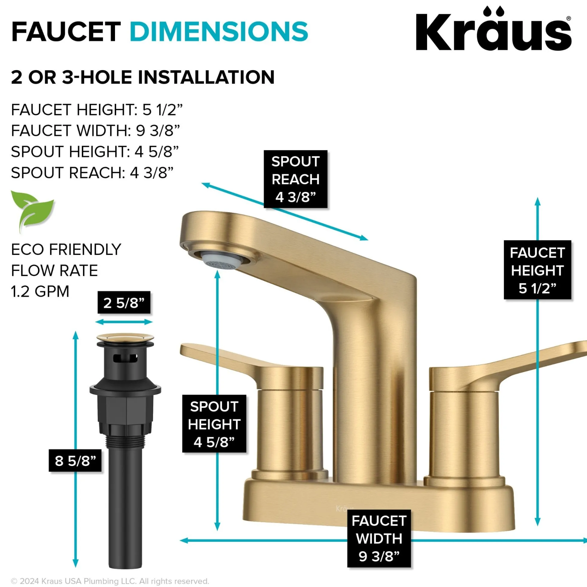 2-Handle 4-inch Centerset Bathroom Faucet in Spot-Free Brushed Brass with Pop Up Drain and Supply Lines