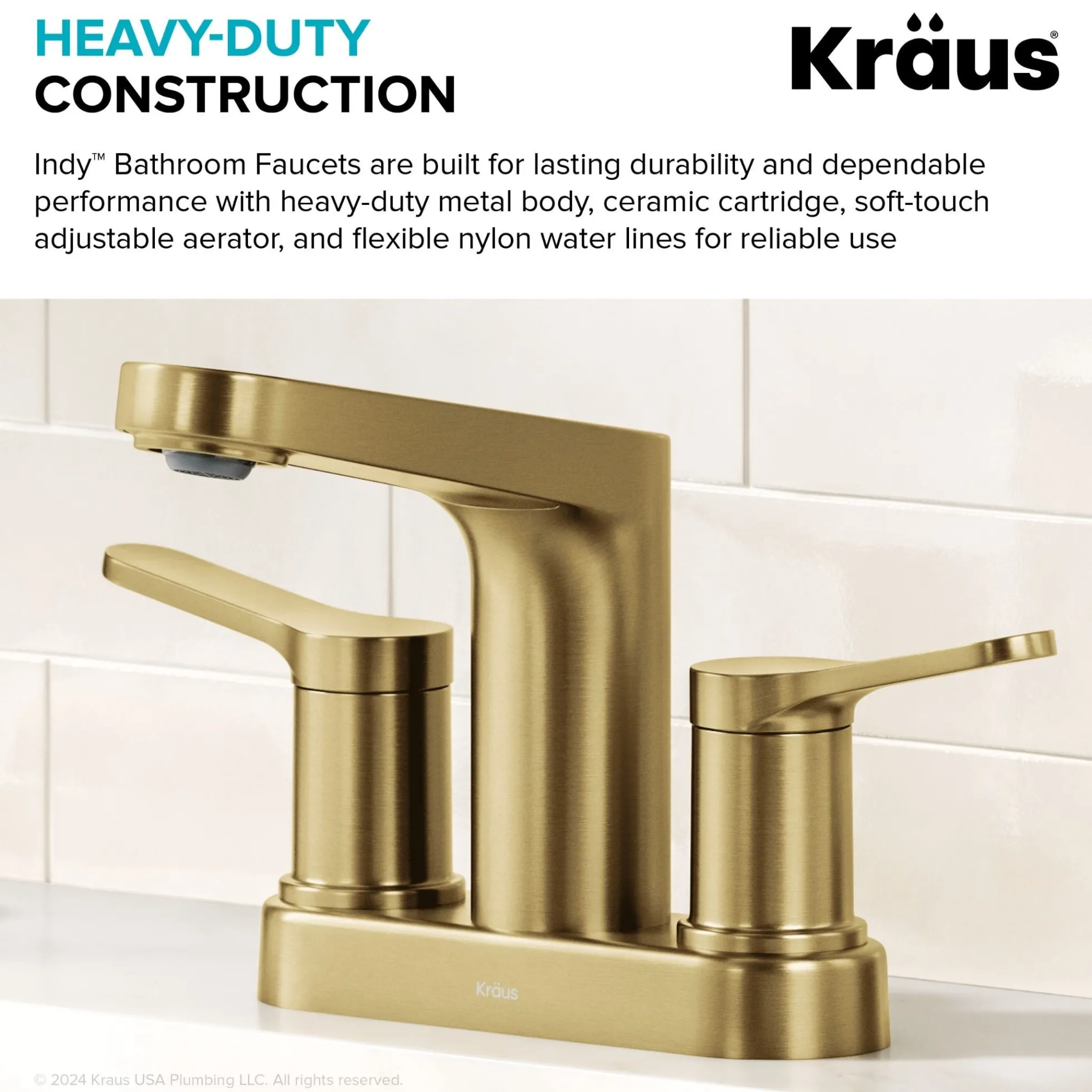2-Handle 4-inch Centerset Bathroom Faucet in Spot-Free Brushed Brass with Pop Up Drain and Supply Lines