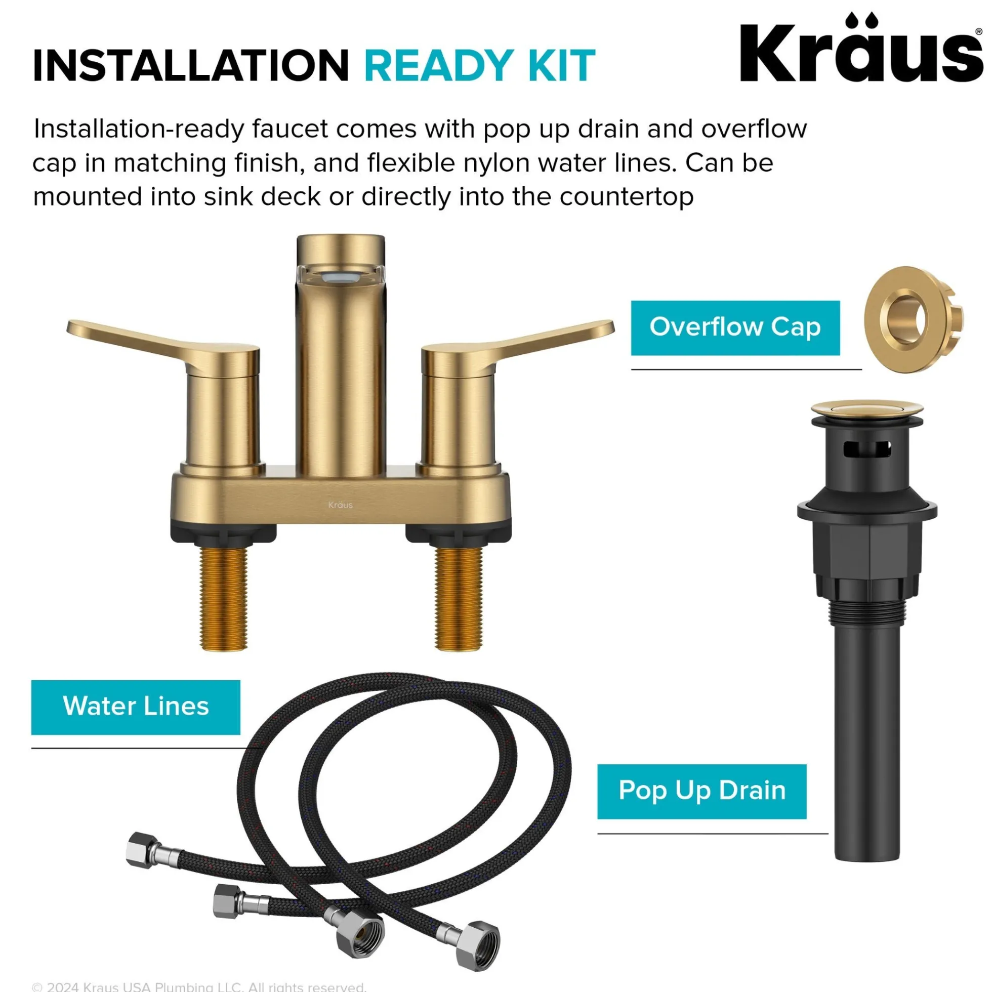 2-Handle 4-inch Centerset Bathroom Faucet in Spot-Free Brushed Brass with Pop Up Drain and Supply Lines