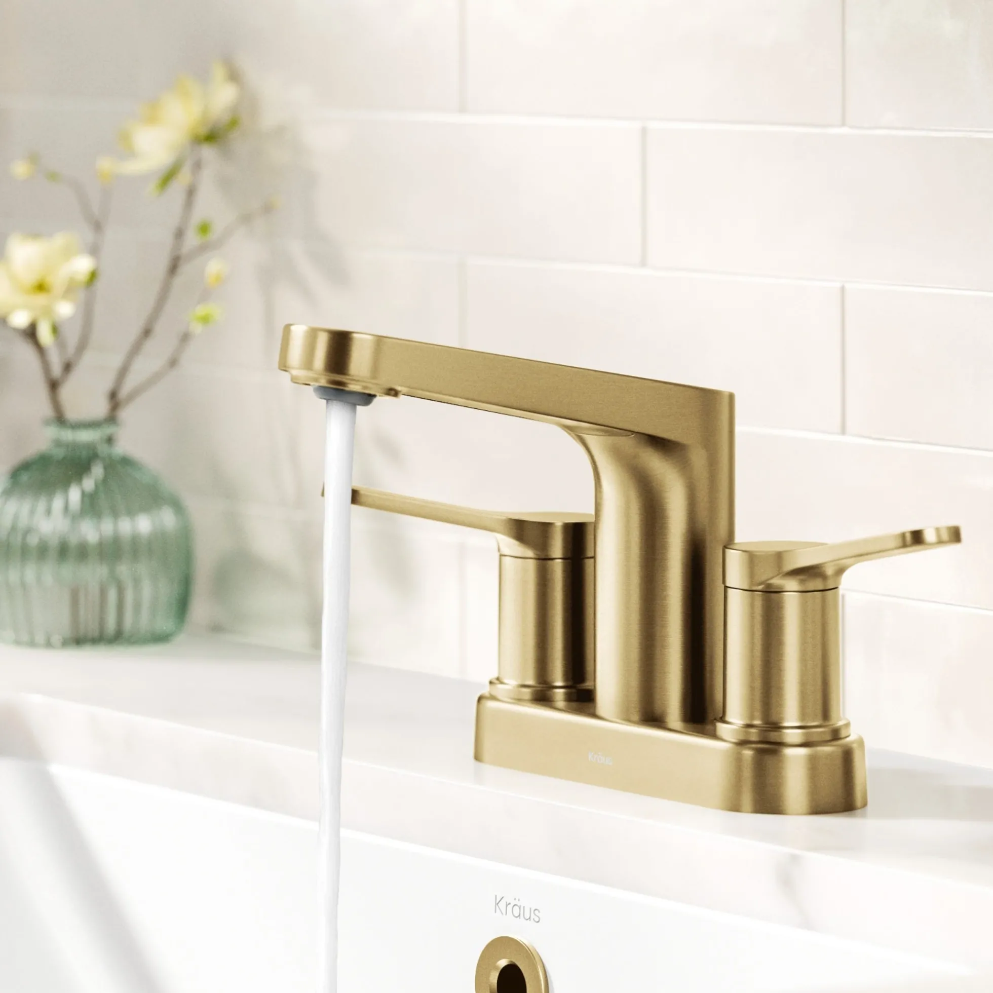 2-Handle 4-inch Centerset Bathroom Faucet in Spot-Free Brushed Brass with Pop Up Drain and Supply Lines