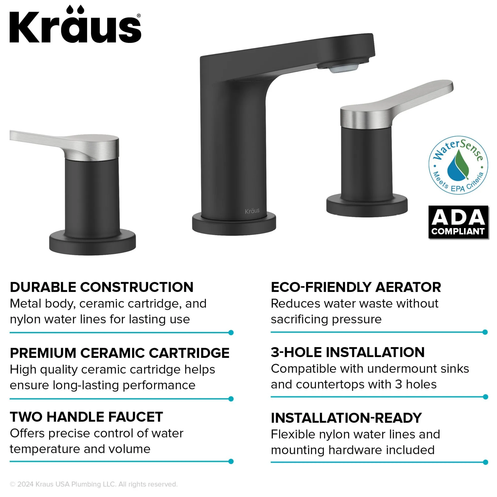 2-Handle 8-inch Widespread Bathroom Faucet in Spot-Free Brushed Nickel / Matte Black with Pop Up Drain and Supply Lines