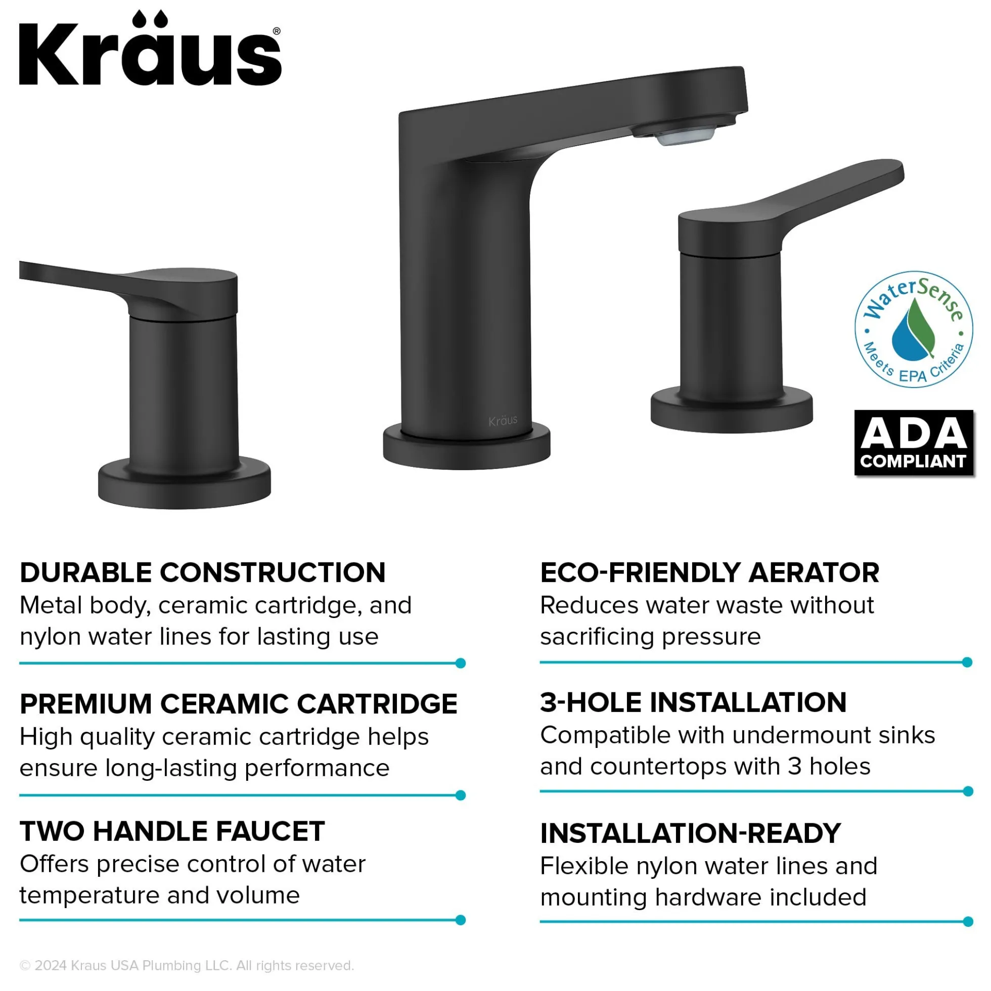 2-Handle 8-inch Widespread Bathroom Faucet in Matte Black with Pop Up Drain and Supply Lines
