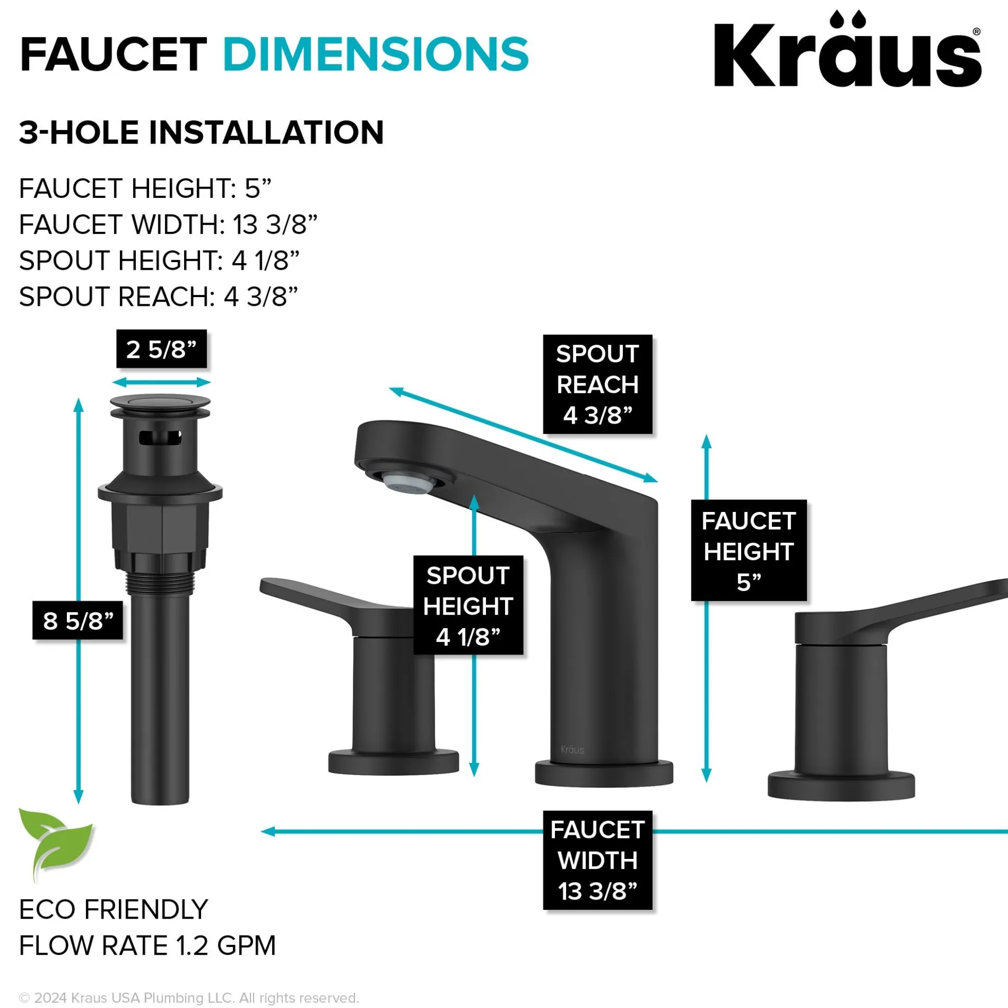 2-Handle 8-inch Widespread Bathroom Faucet in Matte Black with Pop Up Drain and Supply Lines