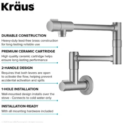 2 Handle Wall Mount Pot Filler Faucet with Retractable Arm in Spot-Free Stainless Steel