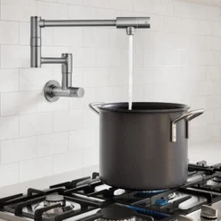 2 Handle Wall Mount Pot Filler Faucet with Retractable Arm in Spot-Free Stainless Steel