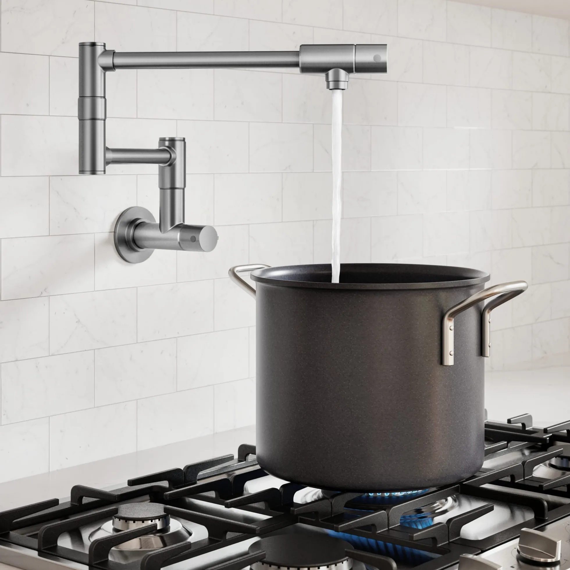 2 Handle Wall Mount Pot Filler Faucet with Retractable Arm in Spot-Free Stainless Steel