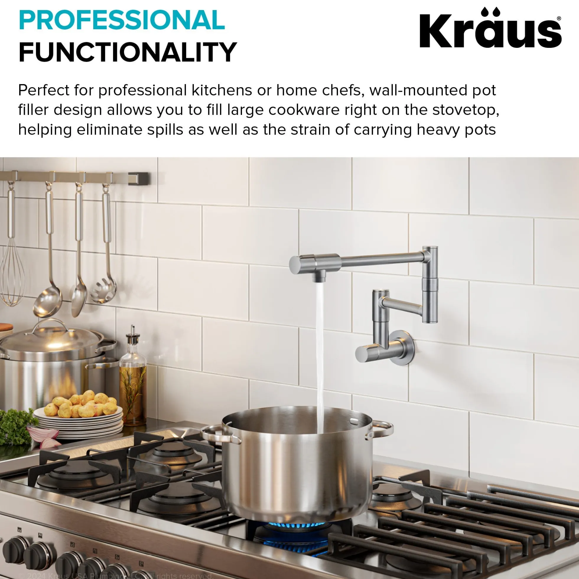 2 Handle Wall Mount Pot Filler Faucet with Retractable Arm in Spot-Free Stainless Steel
