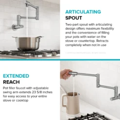 2 Handle Wall Mount Pot Filler Faucet with Retractable Arm in Spot-Free Stainless Steel